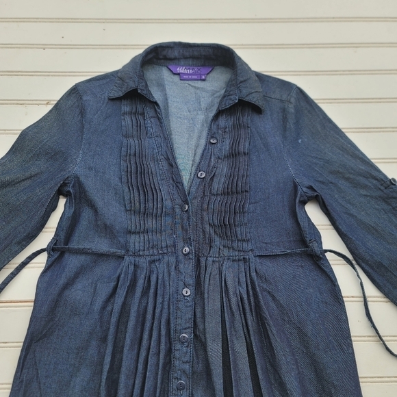 MILEY CYRUS MAX AZRIA Girls DENIM DRESS Blue Tie Back Long Sleeve Sz S - Picture 7 of 8